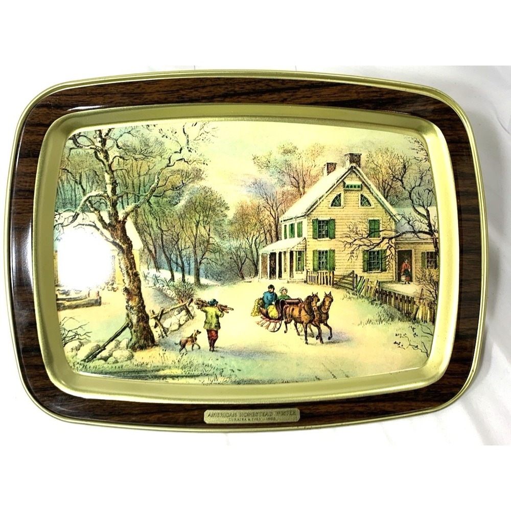 Currier & Ives Serving Tray Metal Vintage American Homestead Winter 14x10.5"